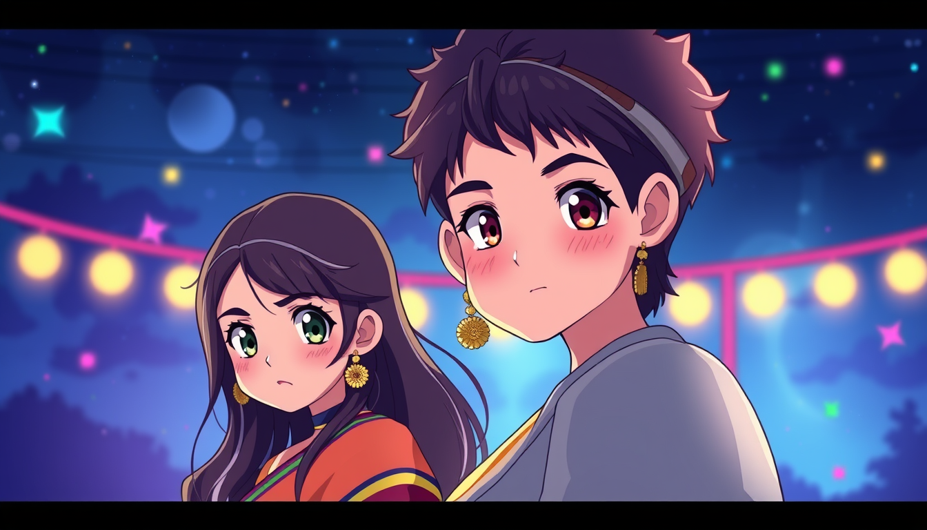 Anime idea: anime style, vibrant colors, expressive eyes, Cinema Snehadhil Oorey Onnai Vazhunnu... - for this line make a perfect kerala based image , detailed an