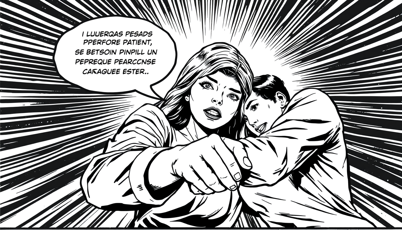 Comic idea: comic panel, bold inks, halftone shading, speech-bubble ready composition, profesora muy hermosa de 29 años estaba regañando a su alumno de 19 pero de