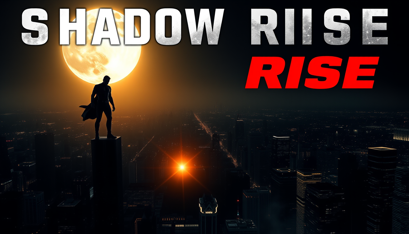 Main art studio: “Create a cinematic entertainment movie poster for an original movie called ‘SHADOW RISE’. A mysterious superhero standing on top of a skyscraper at n