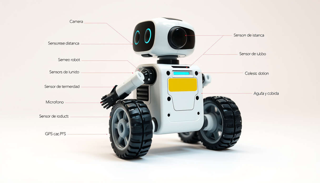 Main art studio: Creame un esquema técnico y educativo de un robot autónomo pequeño visto desde delante y ligeramente de lado. Mostrar claramente sus sensores con flec
