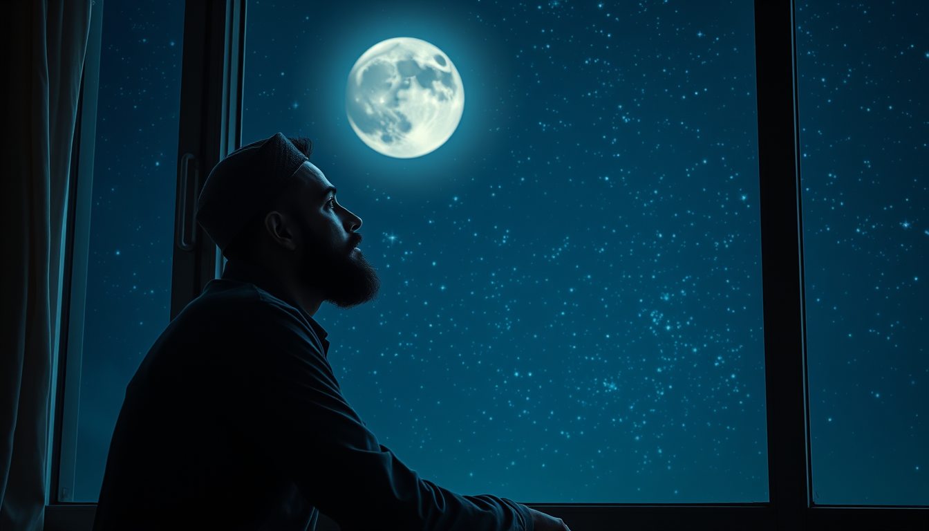 Main art studio: A thoughtful Muslim man sitting beside a window at night, looking toward a vast star-filled sky, mysterious moonlight illuminating his face from the s