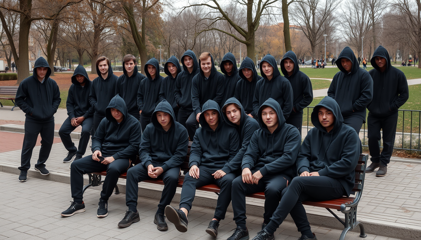 Main art studio: A highly realistic photograph of 12 to 15 young adult men wearing black hoodies, black tracksuits, and dark streetwear, casually gathered in a public