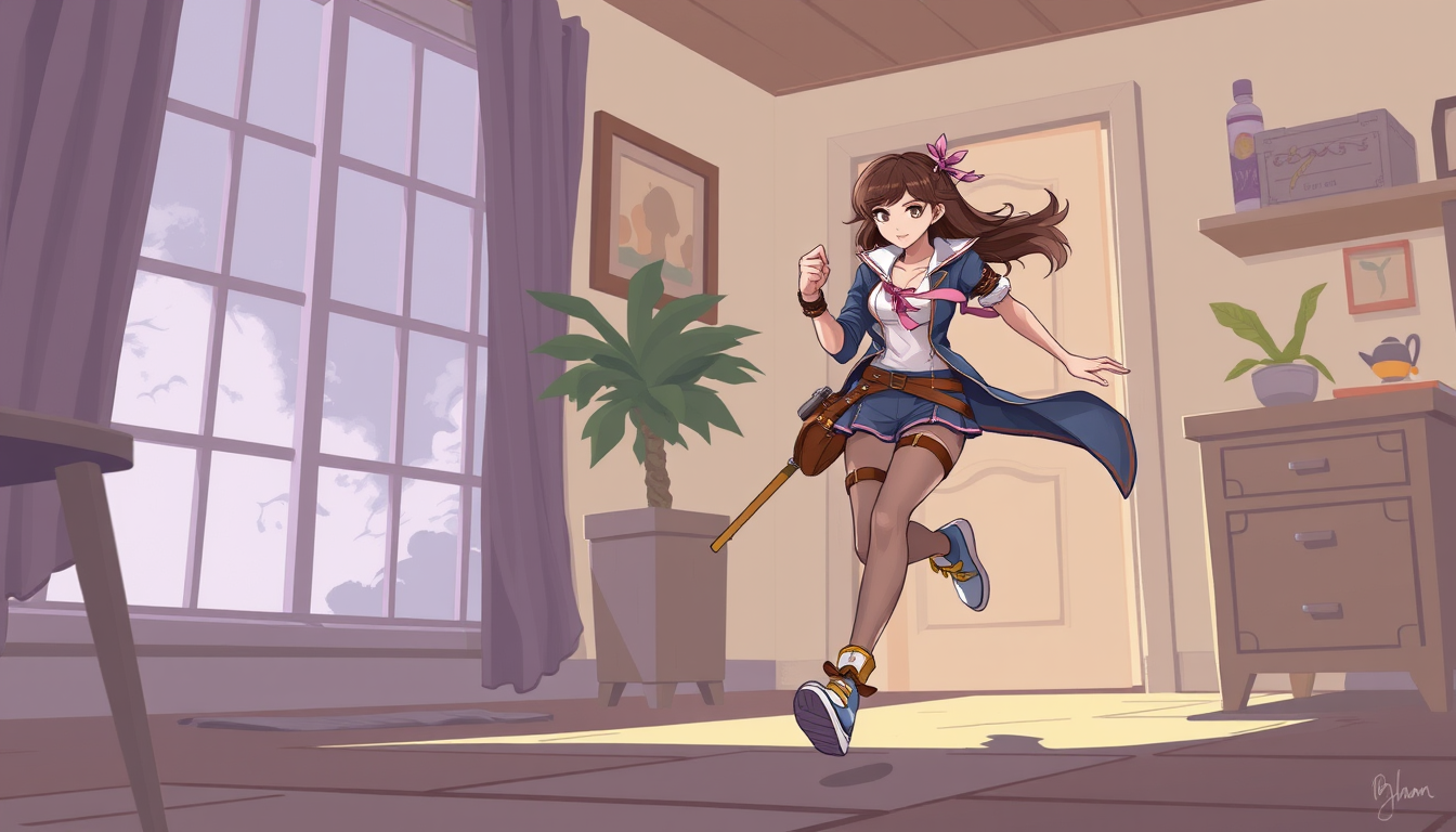 Characters idea: original character design, detailed outfit and accessories, expressive personality, woman running in the house , character concept art illustration