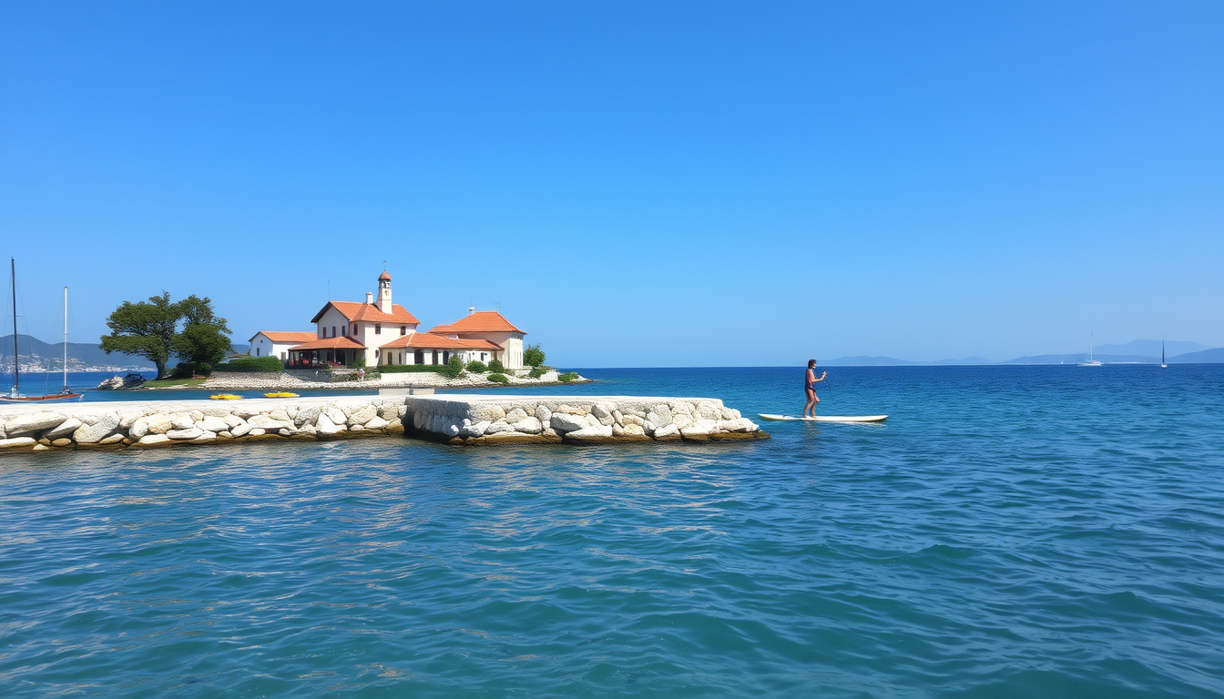 Main art studio: hinten ist ein meer, links und rechts ein paar häuser die man nur ganz knapp zum teil sieht in kroatien (insel) die häuser schauen nicht so aber doch 