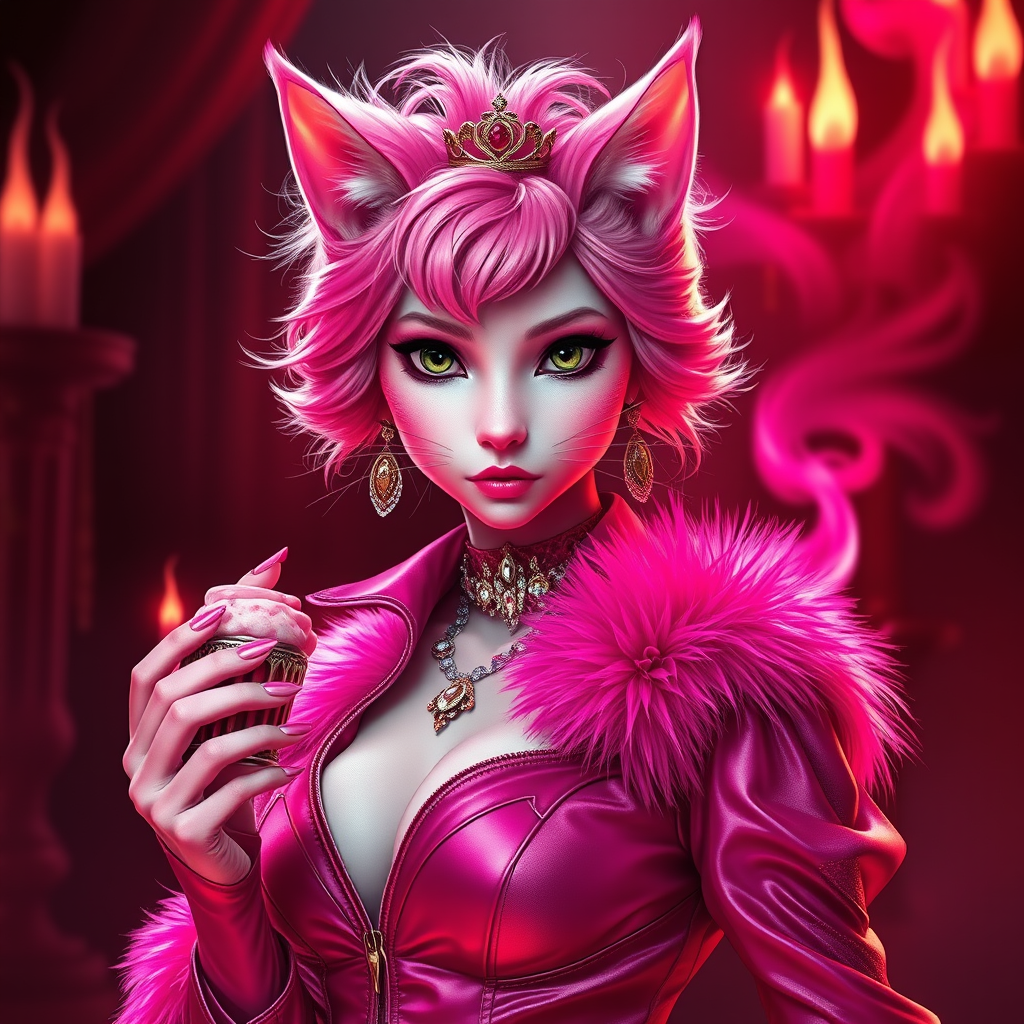 Main art studio: Adult pink cat woman, clearly feline, elegant cat ears and fluffy pink fur. Beautiful, confident, mischievous and seductive, with a powerful boss atti