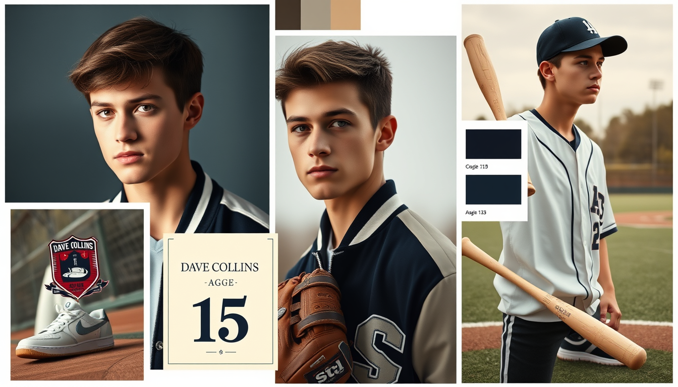 Main art studio: Photorealistic Pinterest moodboard of Dave Collins, a fictional 15-year-old American boy. Short brown hair, brown eyes, tan skin, athletic build, yout