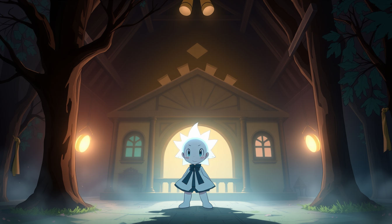 Anime Characters idea: an anime character with a legible silhouette, controlled costume language, and expressive face, deliberate composition, Pokemonstyle ein geist farben