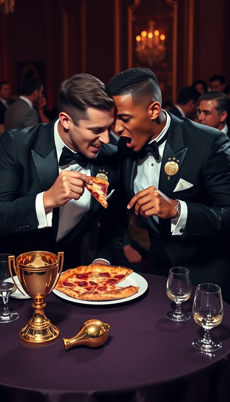 Main art studio: Erling Haaland and Kylian Mbappe in tuxedos aggressively fighting over the last slice of pizza at a formal gala. A golden trophy sits ignored on a tab
