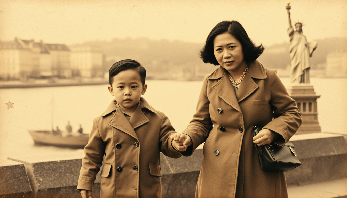 Main art studio: A realistic vintage sepia family photograph from the mid 20th century. A small Asian child holding his mother's hand. The mother wears a long brown tr