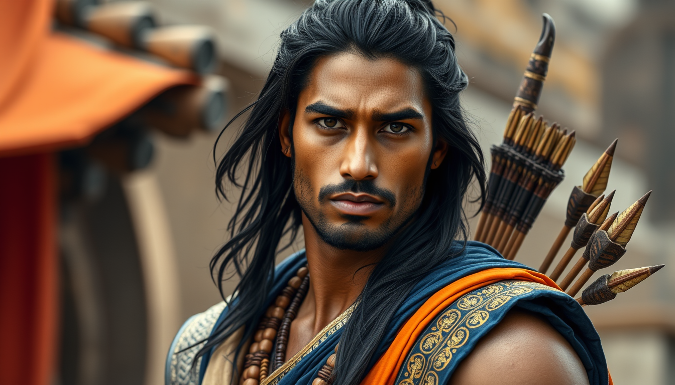 AI Art prompt example created from the prompt: A handsome Indian prince around 30 years old with warm bronze skin, athletic build, calm and compassionate face, sharp jawline, large expres