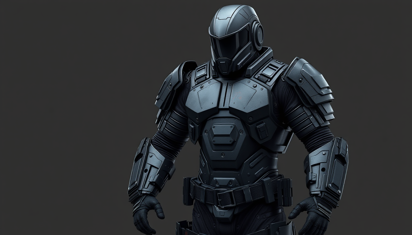Main art studio: Full-body photorealistic concept of a dark, modern heavy-duty protective suit, built by a skilled metalworker. Matte black steel and charcoal material