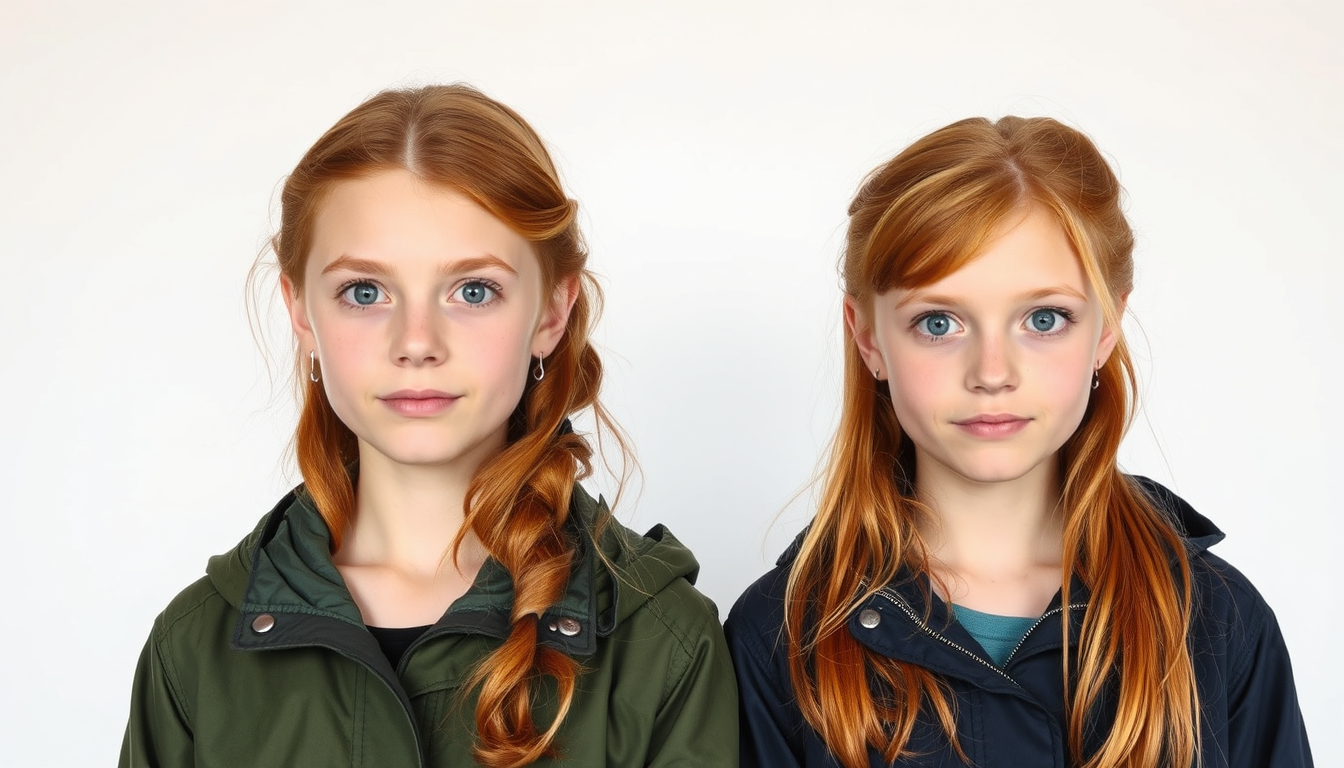 Main art studio: Zwei 13-jährige Zwillingsschwestern, Lyra und Embla, vor schlichtem weißem Hintergrund. Beide haben natürlich rote Haare und einen Mittelscheitel. Lyr