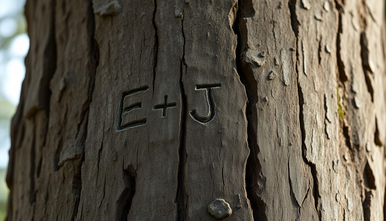 Main art studio: Photorealistic close-up photo of a mature European beech tree (Fagus sylvatica). On the intact outer bark, two lovers carved “E + J = ♥” years ago wit