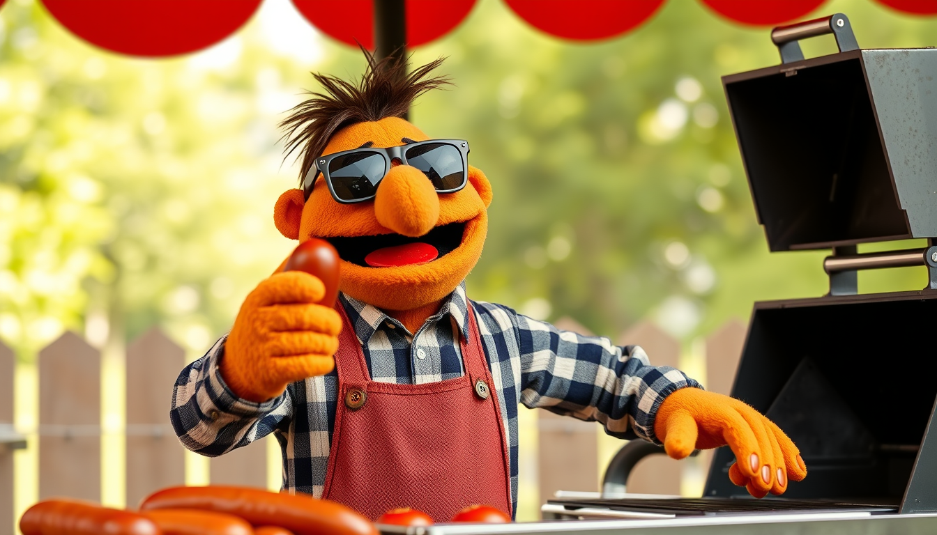 Main art studio: Create an image featuring Flat Eric—specifically, the puppet by Mr. Oyzo. He is wearing sunglasses, standing at the grill, and flipping a bratwurst.