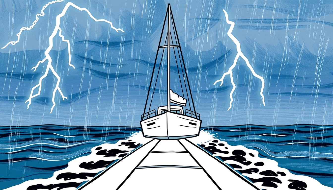 Main art studio: Can you create an image of a catamaran sailing towards the viewer? It needs to be stormy weather with lightning in the background, and drawn in a simp