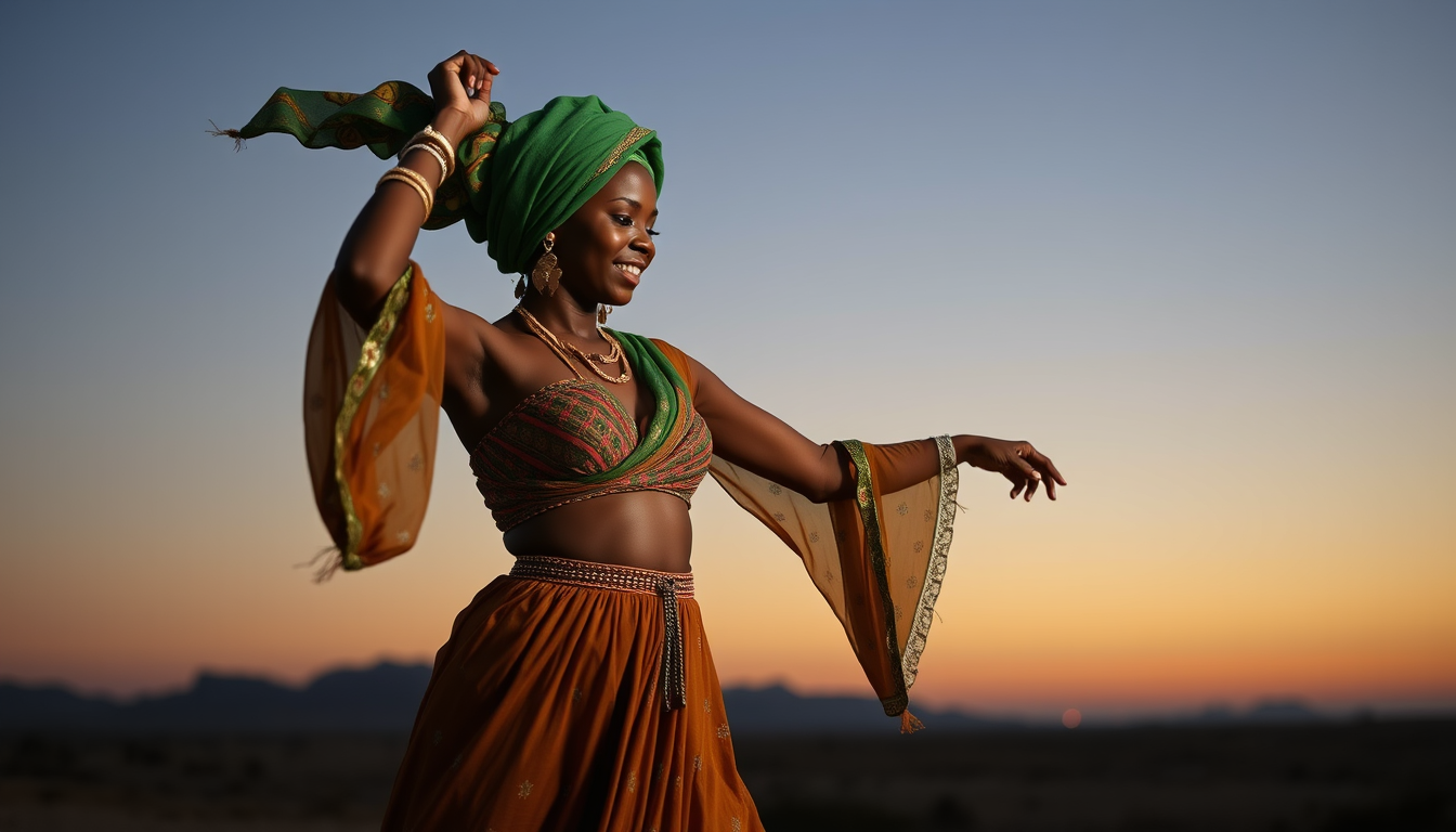 Main art studio: Som African girl dancing with e green hejab en fet body