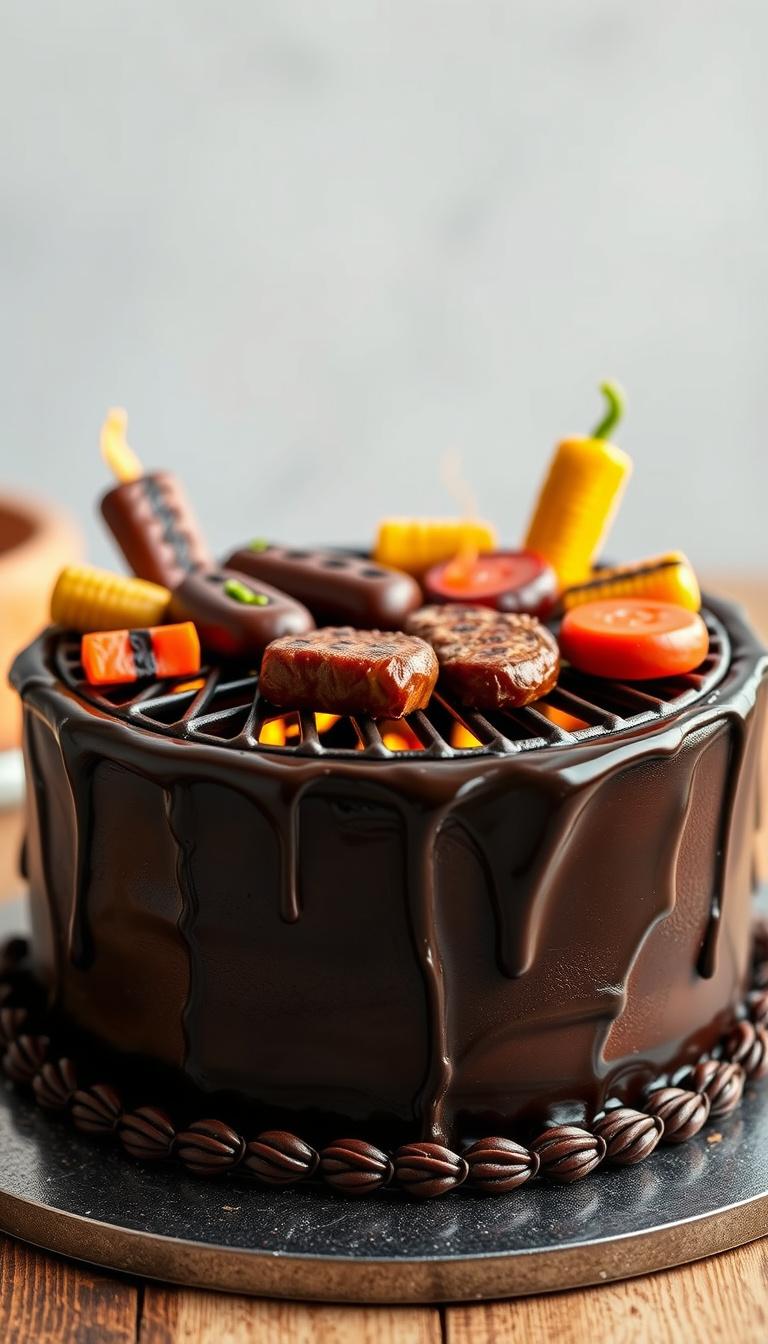 Main art studio: Ultra-realistic barbecue-themed cake designed as a miniature backyard BBQ grill, covered in dark glossy chocolate frosting and decorated with edible g
