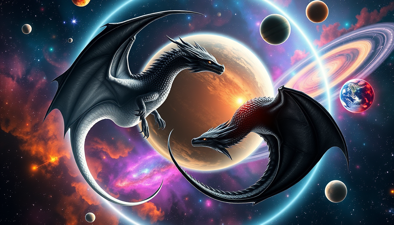 AI Art prompt example created from the prompt: Two gigantic, realistic dragons flying in a beautiful yin-yang circle through a breathtaking galaxy. One dragon is pure pearl-white with glo