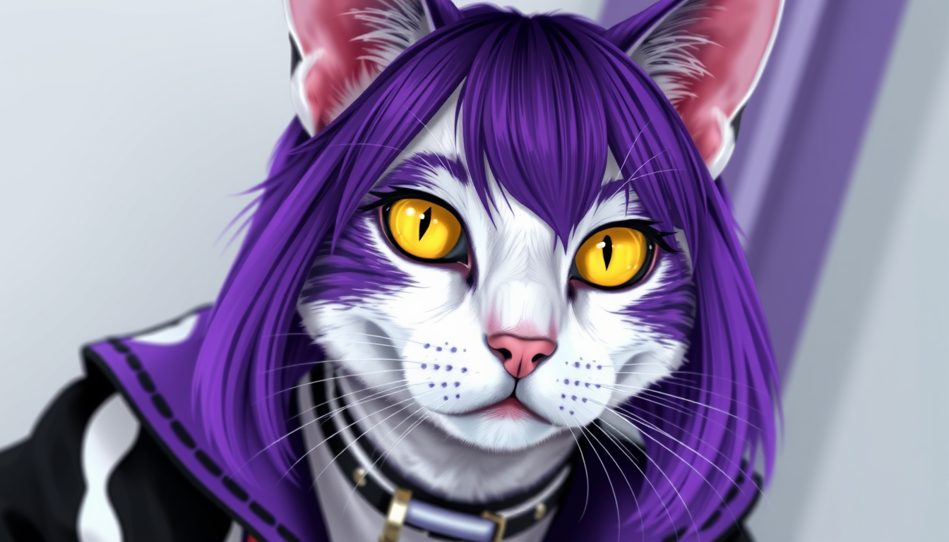 AI Art prompt example created from the prompt: A femboy cat with purple hair, yellow eyes, a collar, clear skin, freckles, cat ears and a femboy black white and purple femboy outfit