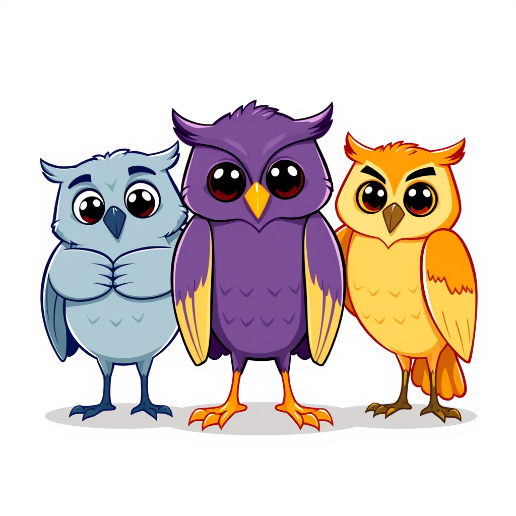 Main art studio: Design a cute 2D mascot for a university study app: three lovable owls with very distinct personalities and poses. All have wide-open, lively eyes. Le