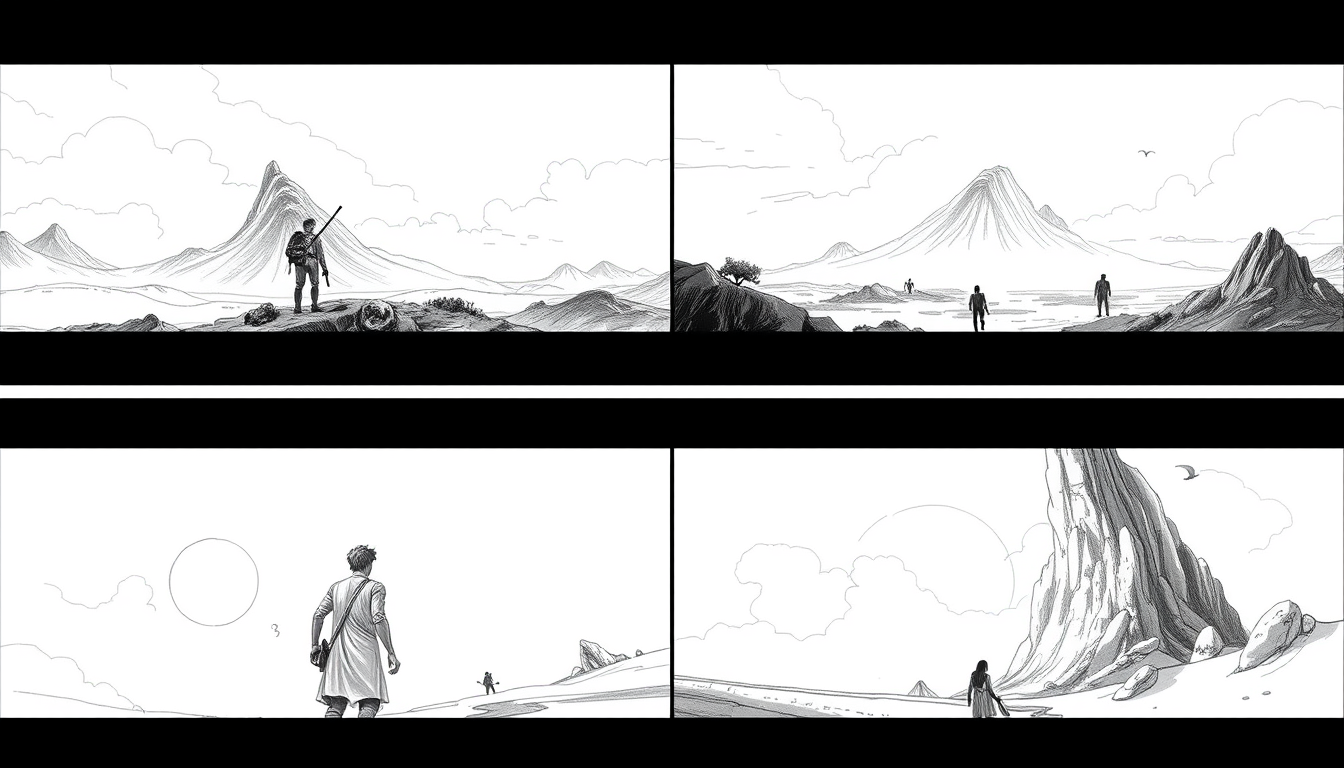 Storyboard idea created from the prompt: storyboard panels, cinematic shot sequence, clear camera angles, grayscale sketch layout, readable scene flow, Setelah selesai mencipta duni