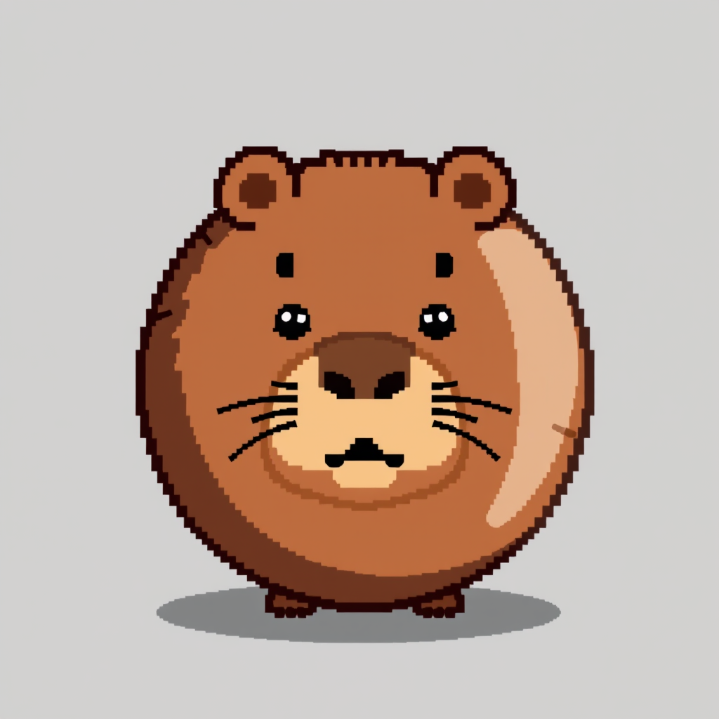 Main art studio: Pixel art game asset, perfectly round capybara-themed ball, sphere-shaped toy, front view, circular silhouette only, capybara face printed on the ball
