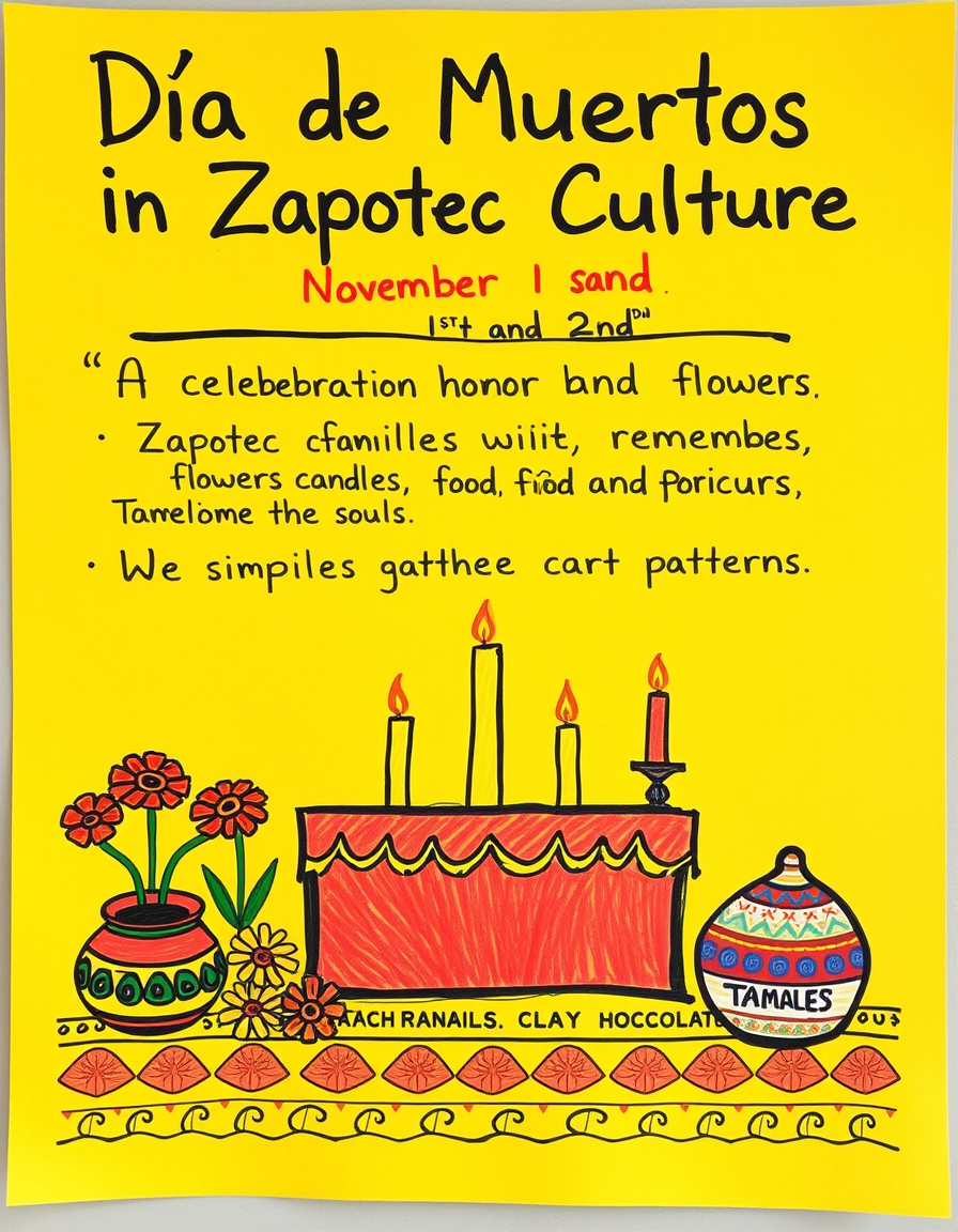 Main art studio: Create a realistic handmade school poster on poster board about “Día de Muertos in Zapotec Culture”. Everything must be in English. Title: “Día de Mue