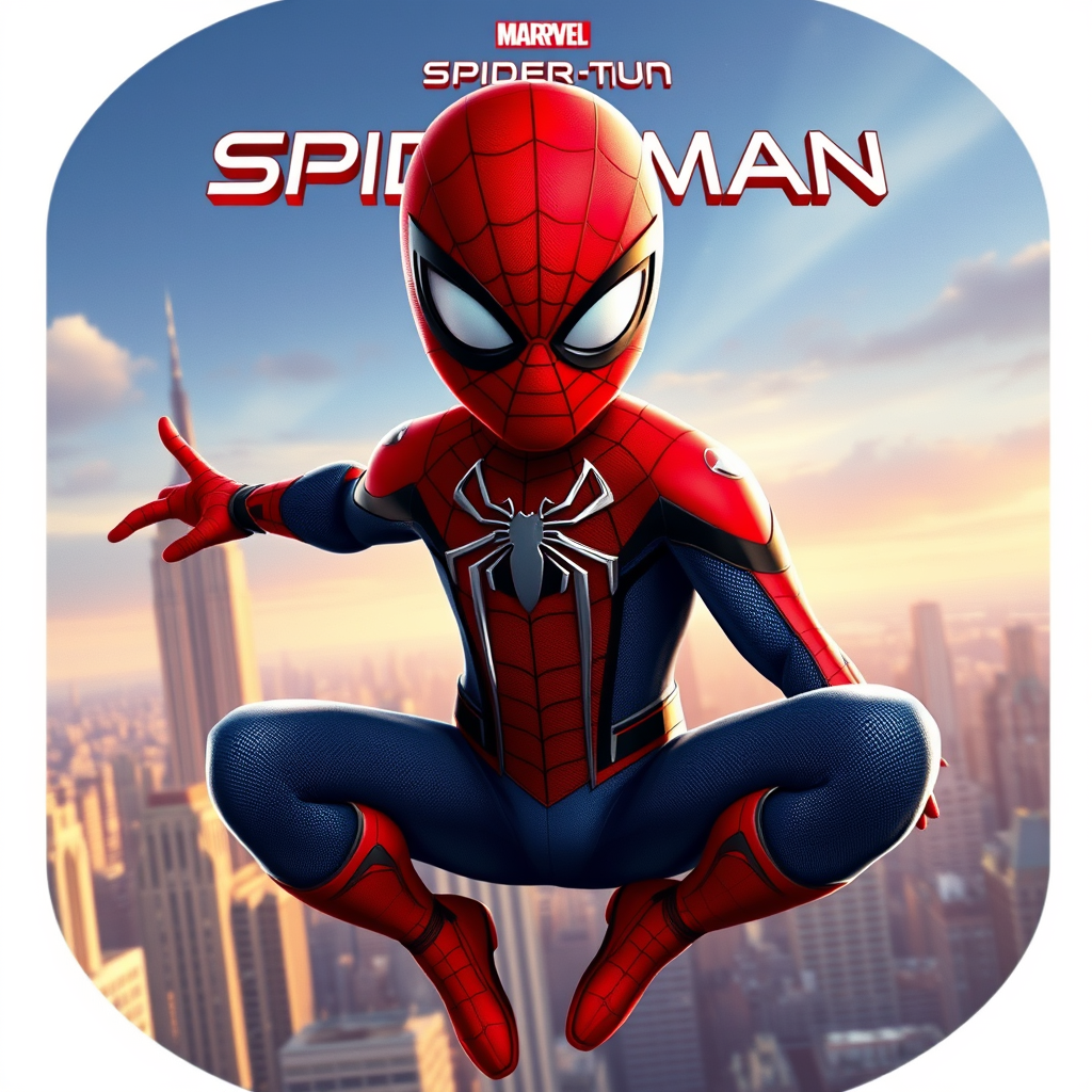 Main art studio: Küçük, 2D çizgi film tarzında Spider-Man, tam vücut, bir eli görünür şekilde öne uzanmış, sola ve biraz yukarı bakacak tarafa ağ atıyor gibi ama ağ at