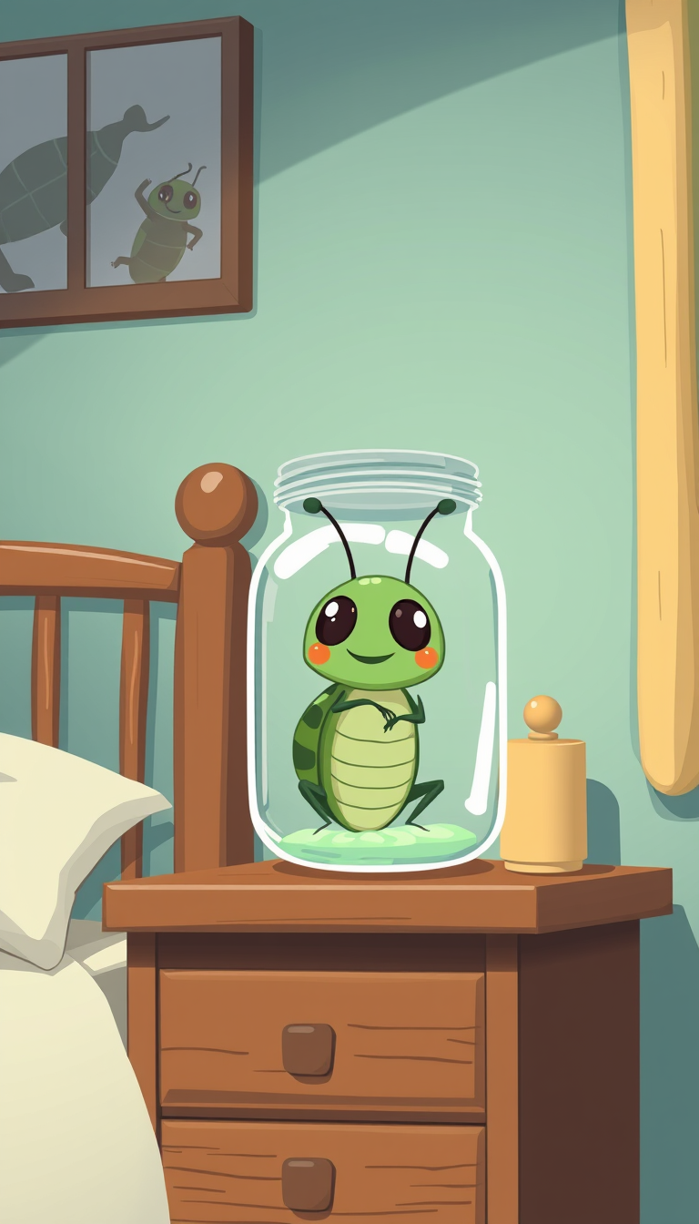 AI Art prompt example created from the prompt: cartoon cute bug feeling sick in a mason jar on a nightstand in a bedroom