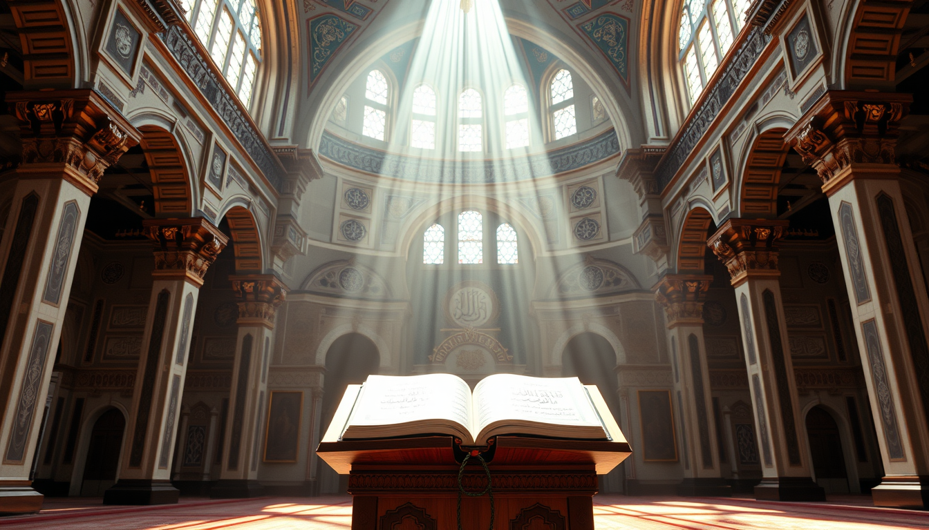 Main art studio: Beautiful Quran elevated on an elegant wooden stand inside a magnificent mosque, heavenly sunlight streaming through Islamic arches, calm spiritual en