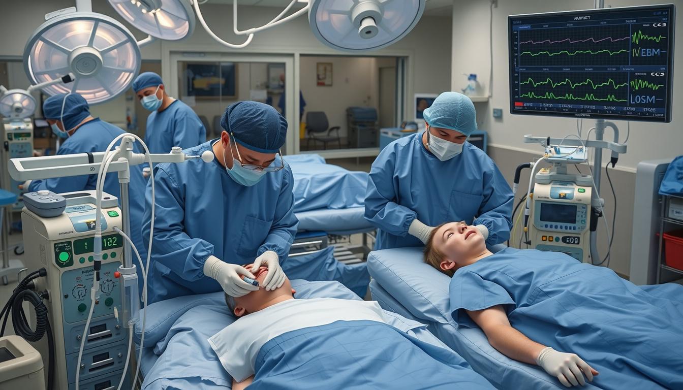 Main art studio: Animate this medical documentary with slow, realistic cinematic motion. Gently pan from inhalational to intravenous anaesthesia. The anaesthesiologist