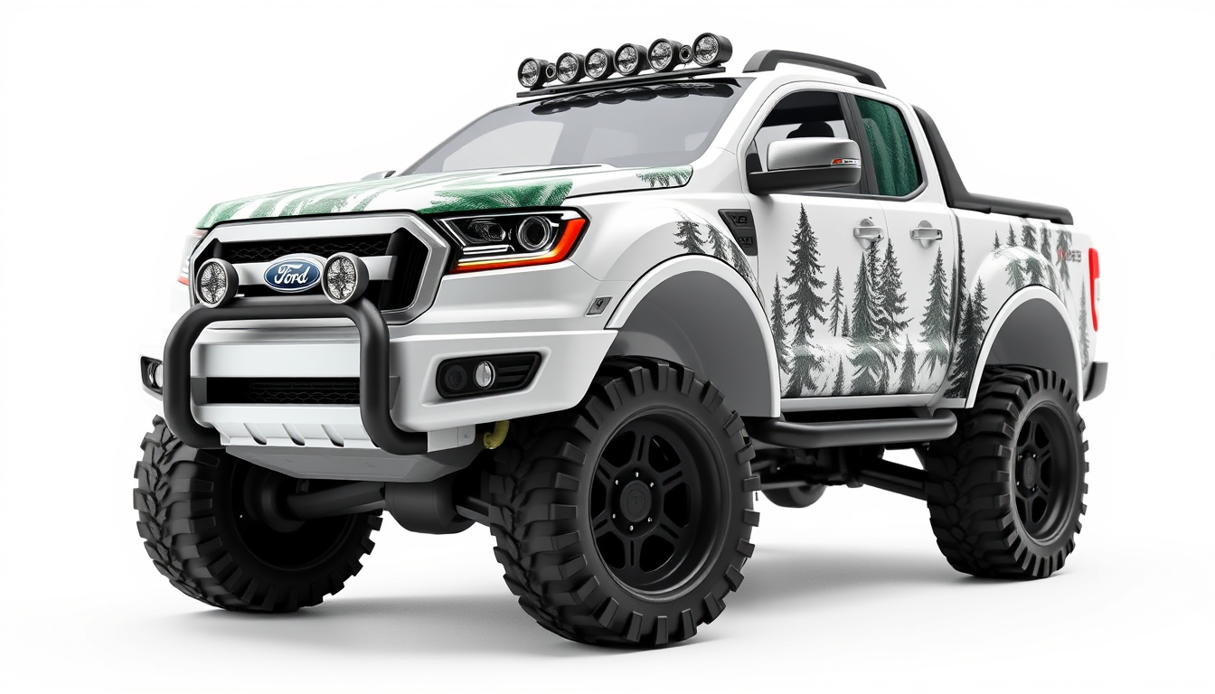 Main art studio: Create an ultra-detailed 3D render of a children's toy Ford pickup truck. White glossy plastic body with rounded edges, oversized wheels.Features mass