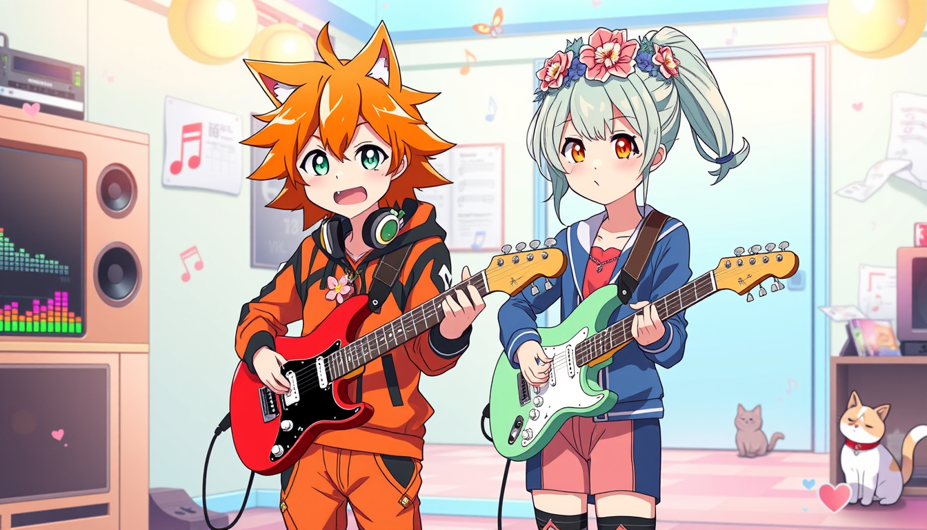 Main art studio: Create a colorful, expressive Japanese anime episode thumbnail in 16:9 widescreen format. Episode 15 theme: “Two People Full of Joy! Playing Guitar Is