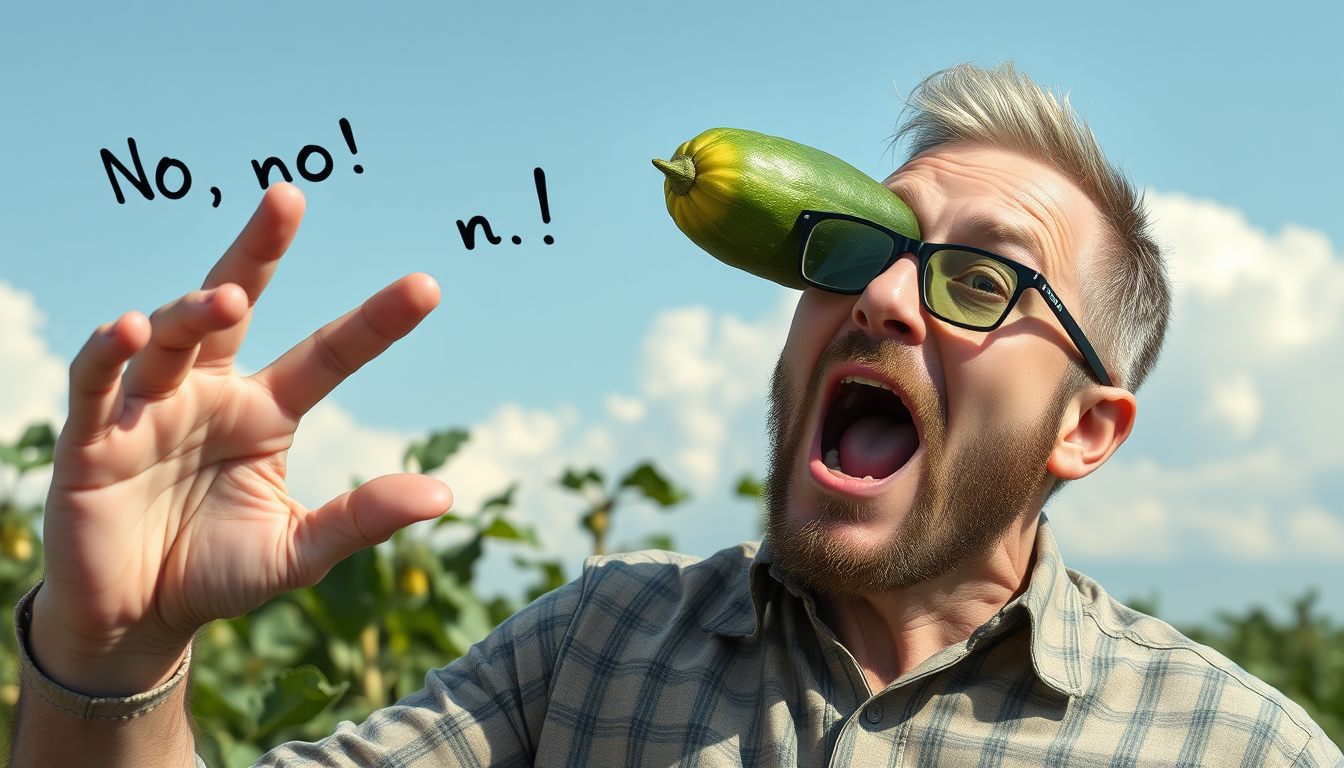 Main art studio: A man yells “No, no!” at the flying cucumber with the words “RESIGN” written on it.