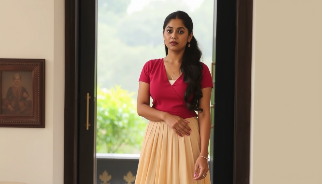 Main art studio: Nayanthara wearing a blouse and skirt only. It's a short skirt extending to butt height also blouse has exaggerated v neck line.