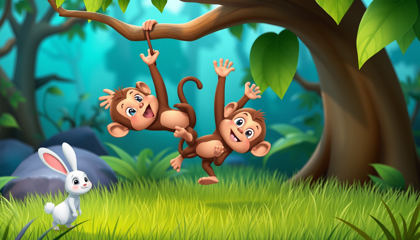 Main art studio: इमेज 5 — बंदर पेड़ से गिरता है “Cute 3D cartoon monkey slipping from a tree and falling safely onto soft grass, surprised funny expression, white rabb