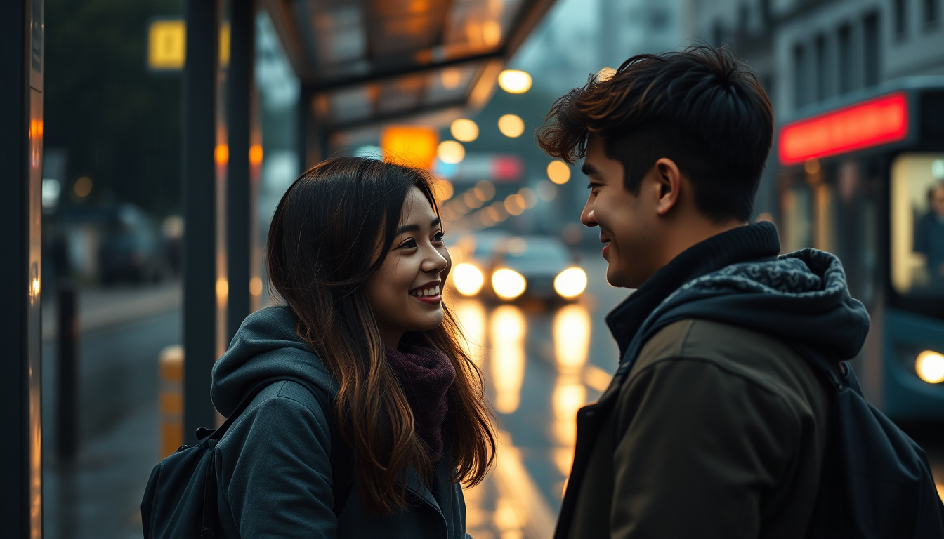 Main art studio: Same young couple at the rainy bus stop. The girl smiles gently at the man while he smiles back. Keep both faces, hair, clothes and appearance consist