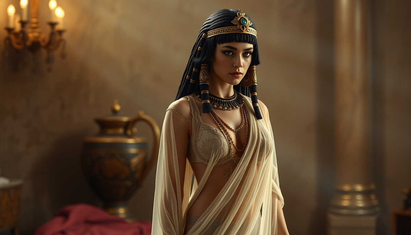 Realistic Images idea: photorealistic generated image, natural materials and skin texture, physically plausible lighting, Cleopatra in a completely sheer nightgown, wearing 