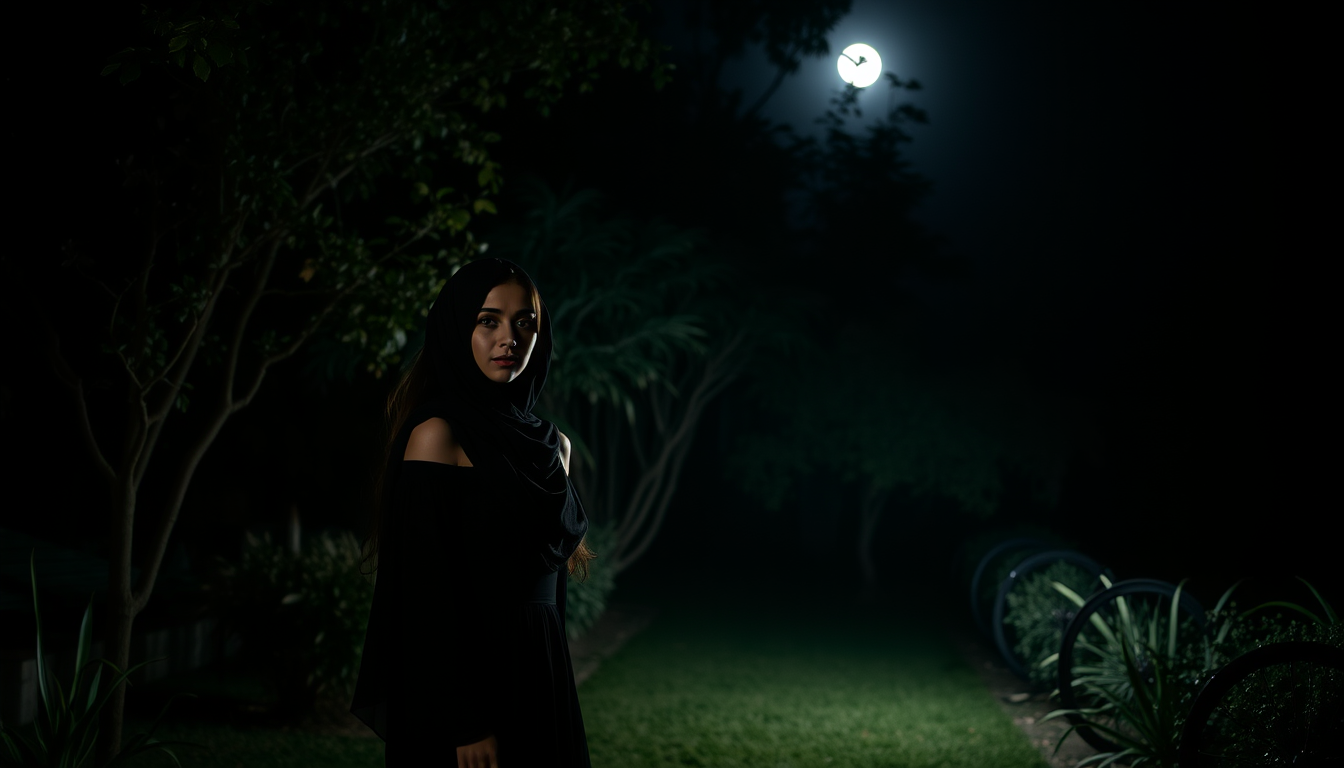 Main art studio: Beautiful Arab woman in a dark garden at night, cinematic low light, muted colors, soft shadows, realistic photography, elegant black dress, moonlight