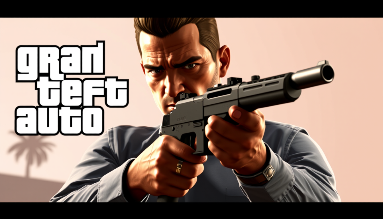Main art studio: please make GTA 6 charectar only one person complete image with 3D model full body and give him gun in hand with realistic prefect 3D model of this GT