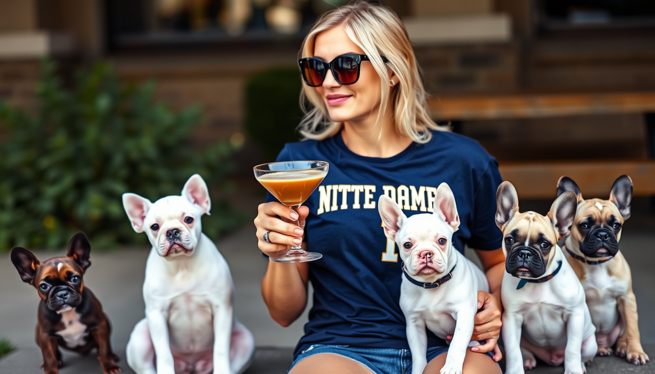Main art studio: Blonde Female wearing sunglasses holding an espresso martini wearing Notre Dame football shirt sitting outside with 7 Dogo Argentino puppies