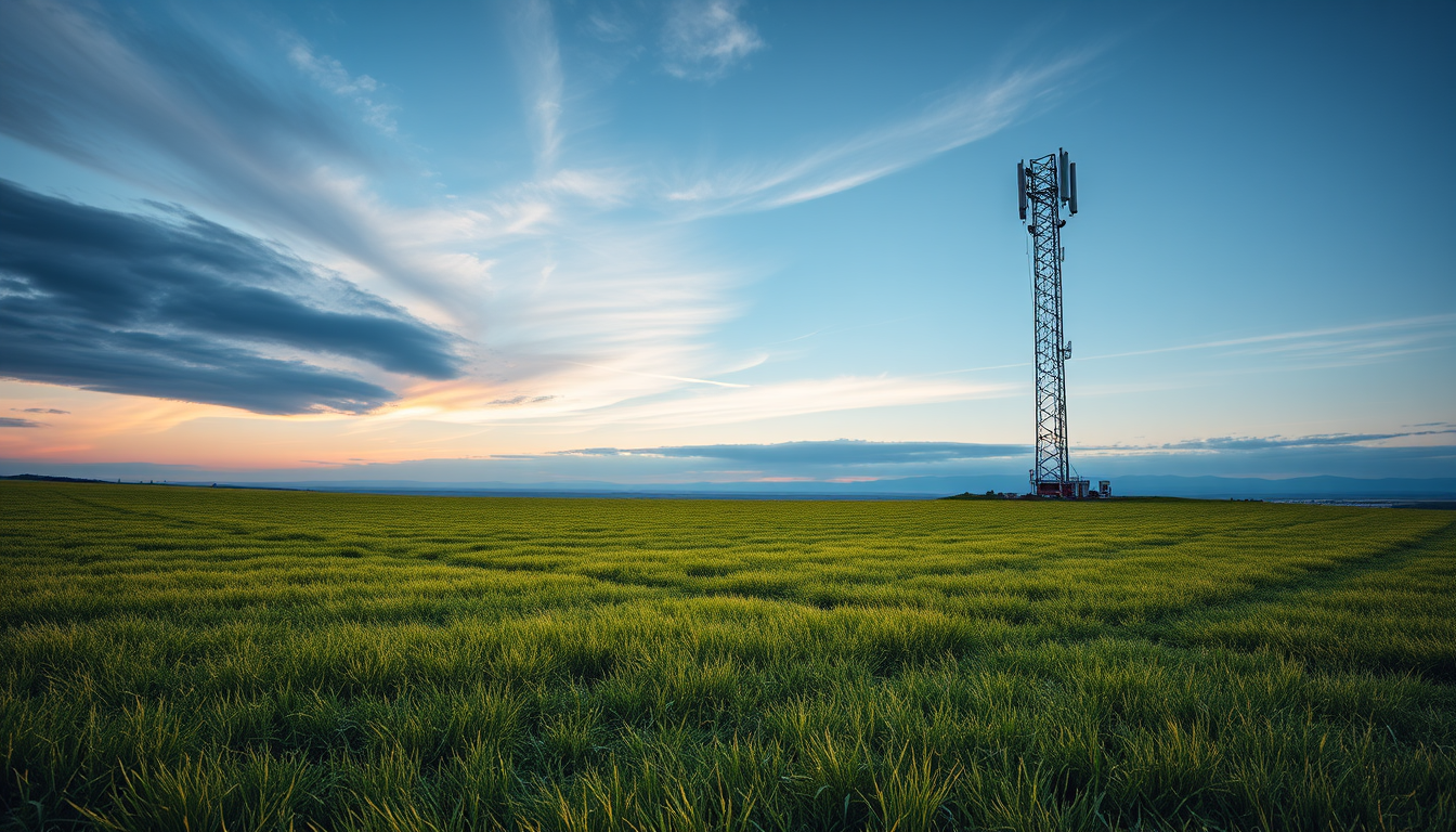Main art studio: Make a cell tower on the right side of the image that is on a grassy but small field make the field smaller