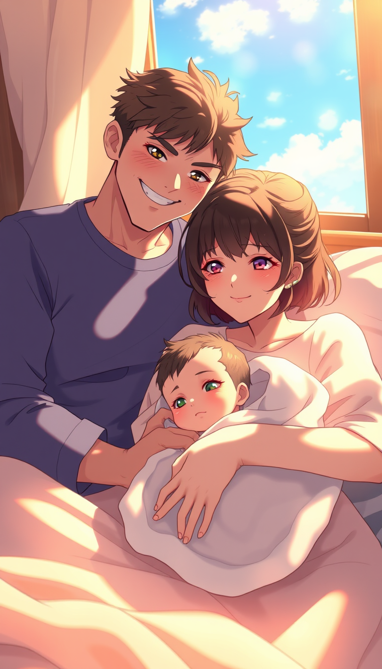 Anime idea: anime style, vibrant colors, expressive eyes, Newborn MC is reborn in a new fantasy world, lying safely in his mother's arms in a warm bedroom, wrappe