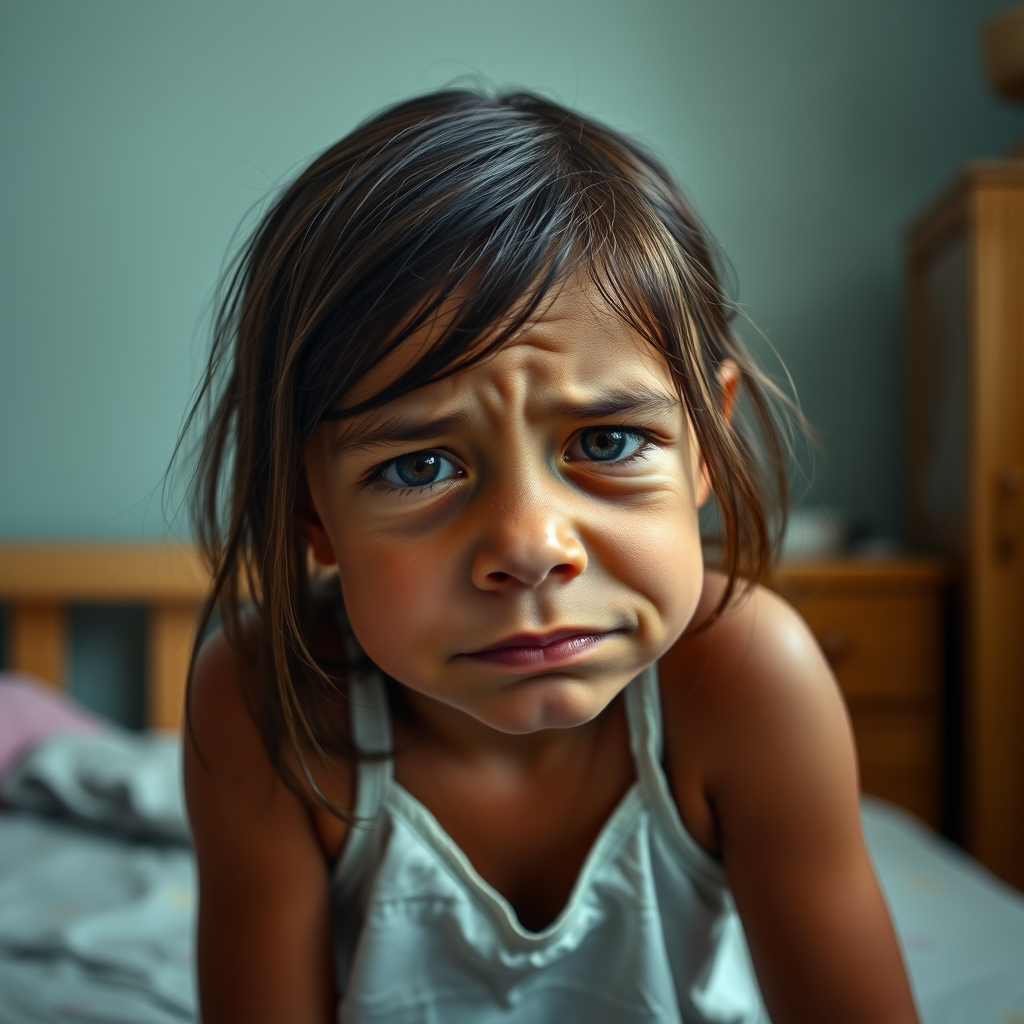 Main art studio: dark tanned 10 year old with girl dark brown hair sitting in a bedroom, head tilted down, very wrinkly, lots of wrinkles, wrinkled nose, wrinkles all 