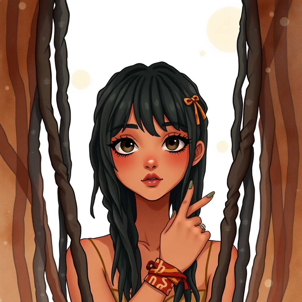 AI Art prompt example created from the prompt: black caramel female character Studio Ghibli inspired character art, black dreadlocks, dark brown eyes, cozy soft aesthetic with a laid-back