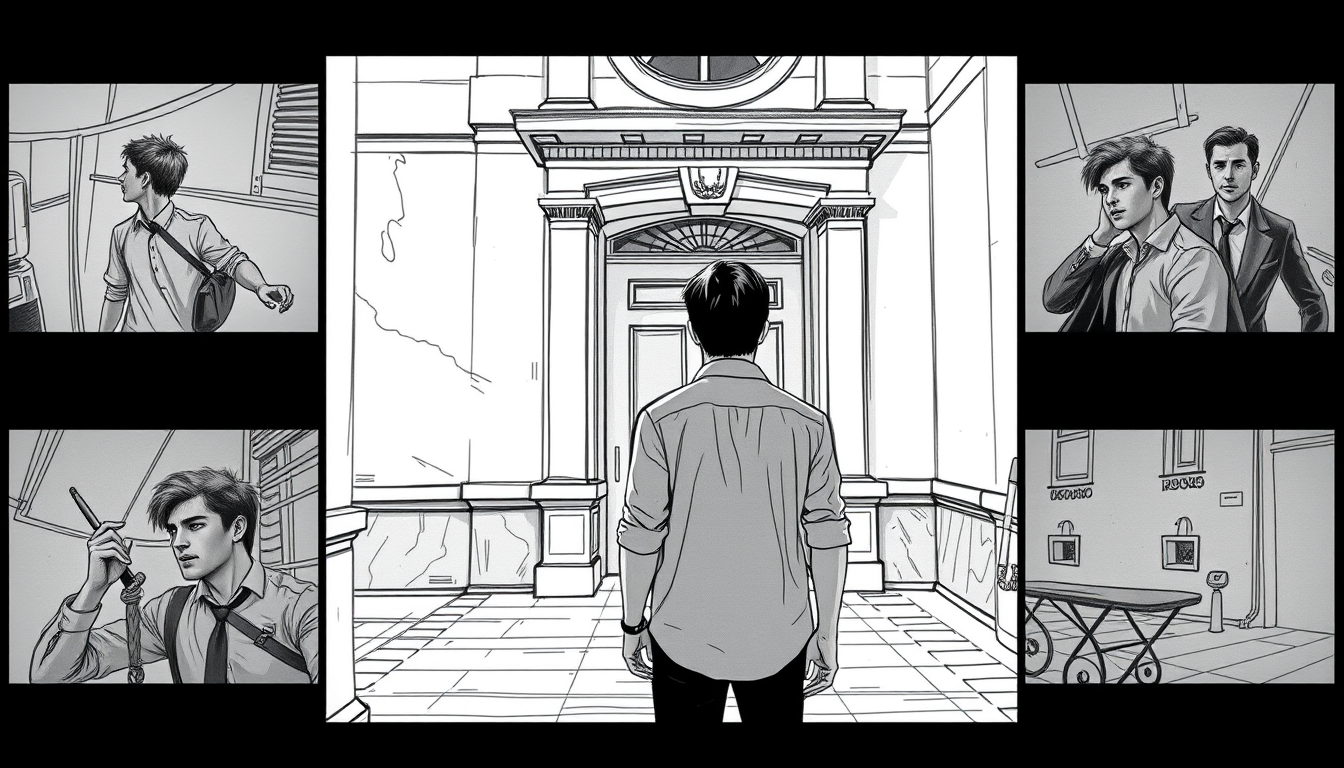 Storyboard idea created from the prompt: storyboard panels, cinematic shot sequence, clear camera angles, grayscale sketch layout, readable scene flow, plano medio conjunto de 2 chi