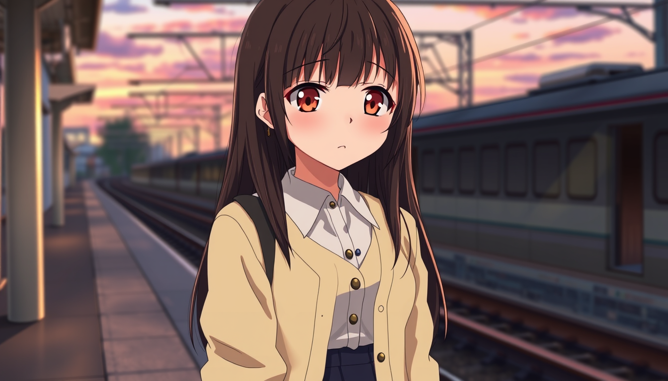 Anime idea: anime style, vibrant colors, expressive eyes, Original anime film character, a 17-year-old Japanese high school girl with long straight dark-brown hai