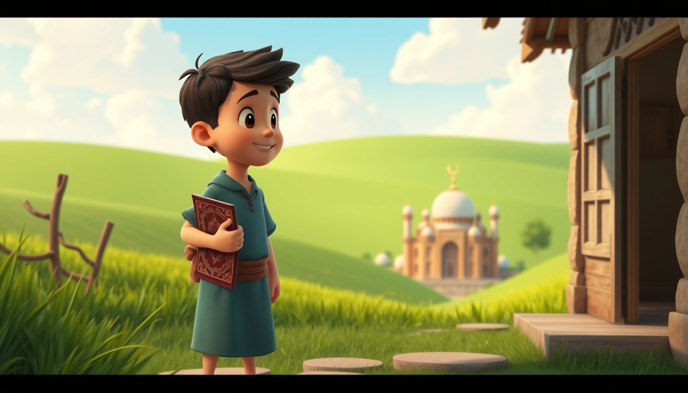 Main art studio: The same boy standing outside his village home holding a small prayer mat, looking toward the distant mosque, peaceful green fields around him, 3D ani