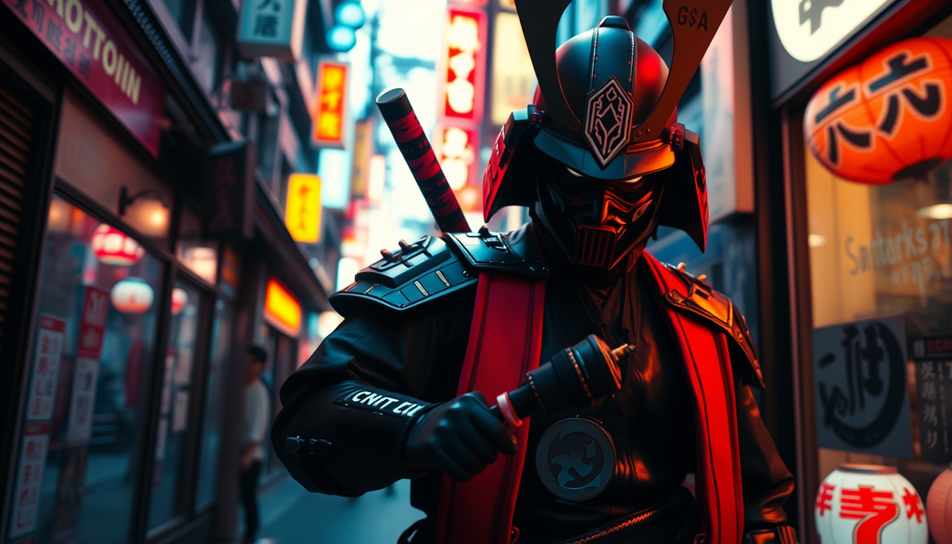 Main art studio: cyberpunk samurai in neon-soaked Tokyo alley, 4k, cinematic