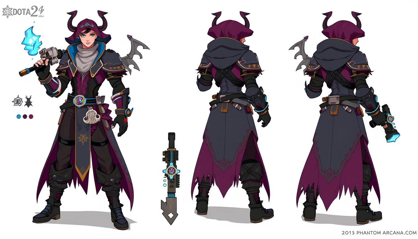 Character idea created from the prompt: original character design, detailed outfit and accessories, expressive personality, dota 2 phantom arcana and gun , character concept art il